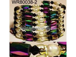 36inch Black Glass, Freshwater Pearl Magnetic Wrap Bracelet Necklace All in One Set